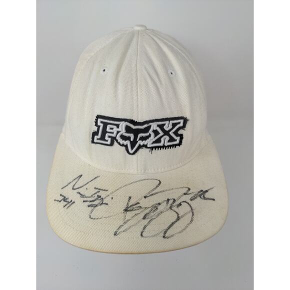Fox Racing FlexFit Hat Embroidered Logo White SZ S/M Autographed Stains - Picture 4 of 11